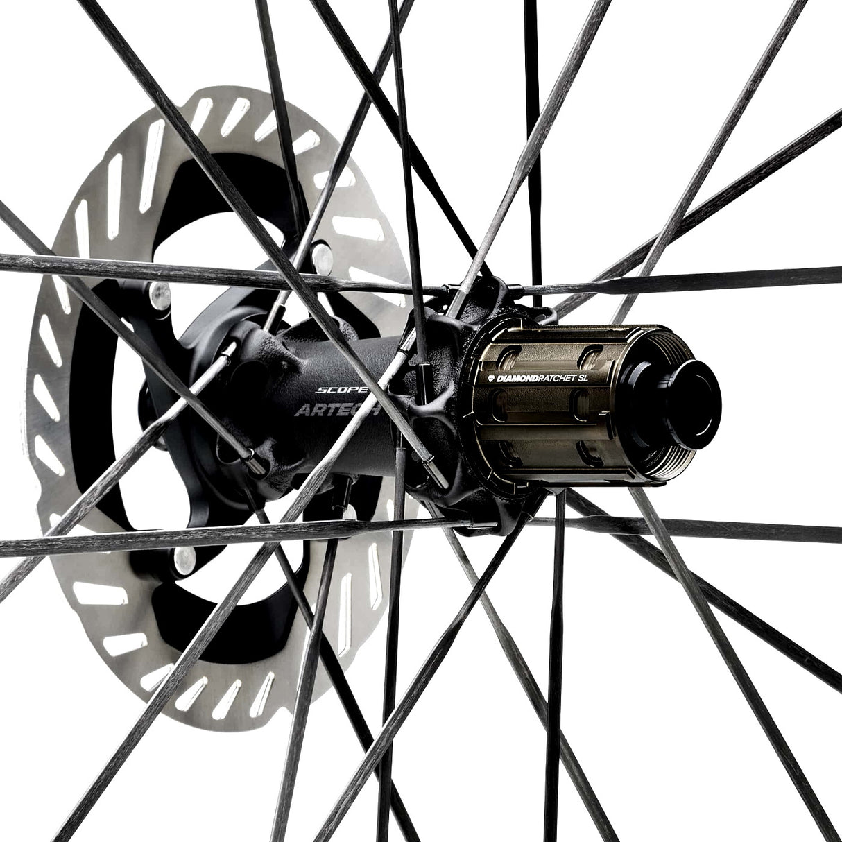 Ruote Scope Artech 4.A con profilo in carbonio biomimetico e mozzi Diamond Ratchet.