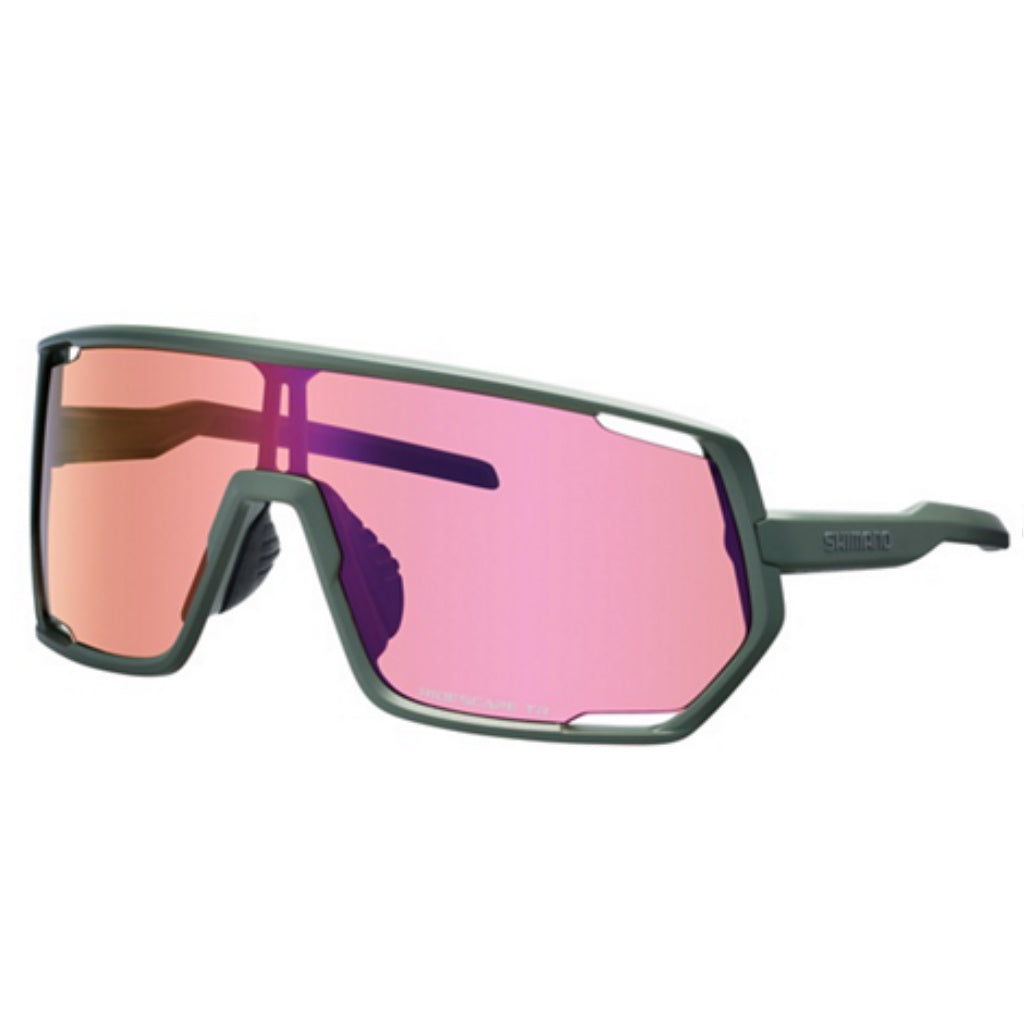 Occhiali Shimano Technium Ridescape Trail Oliva Scuro con lente specifica per mountain bike.